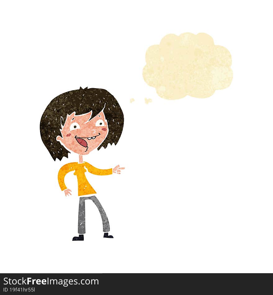 cartoon woman laughing and pointing with thought bubble