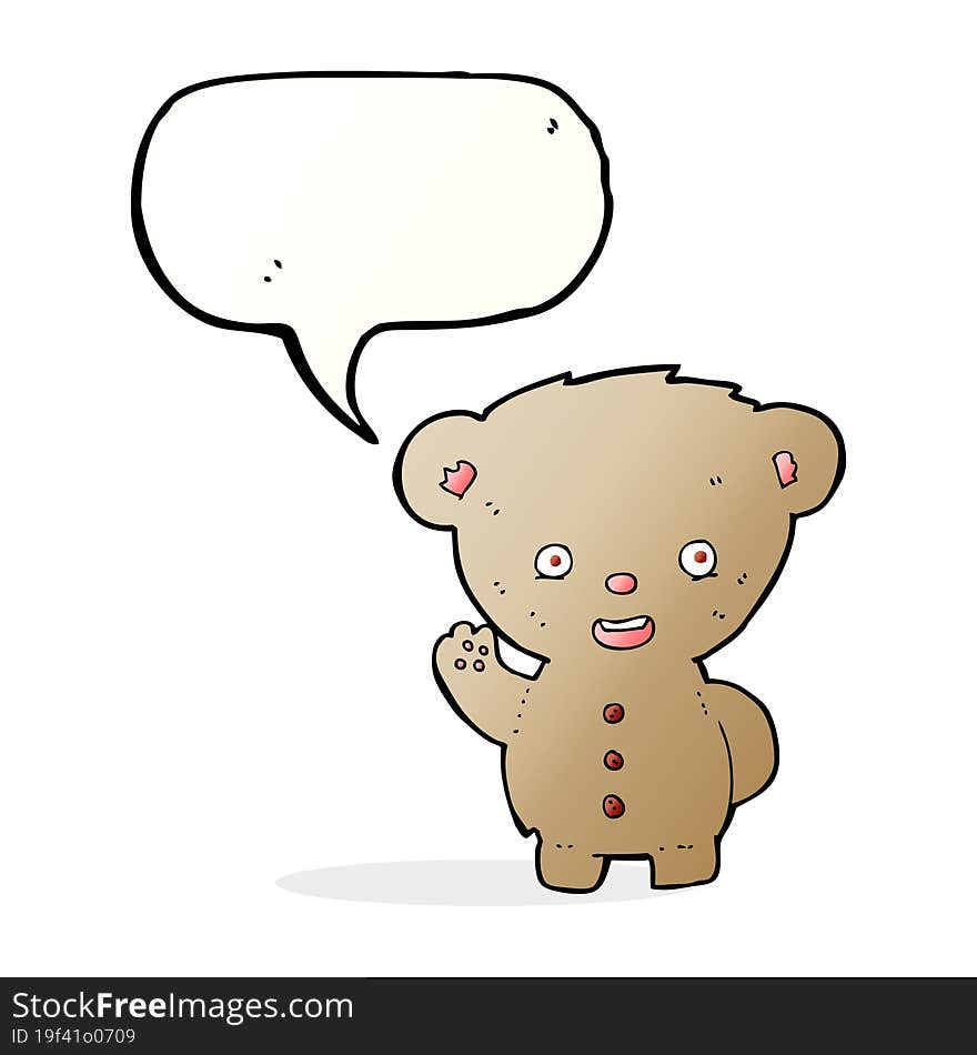 cartoon teddy bear waving with speech bubble