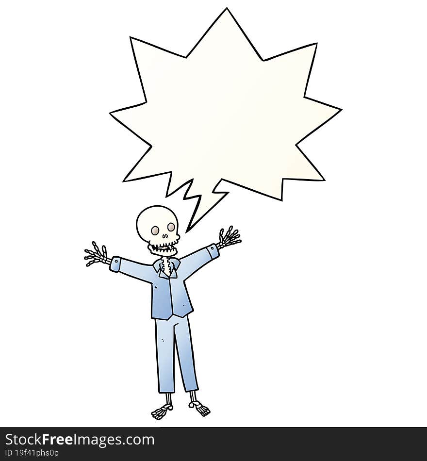 cartoon skeleton wearing pajamas and speech bubble in smooth gradient style