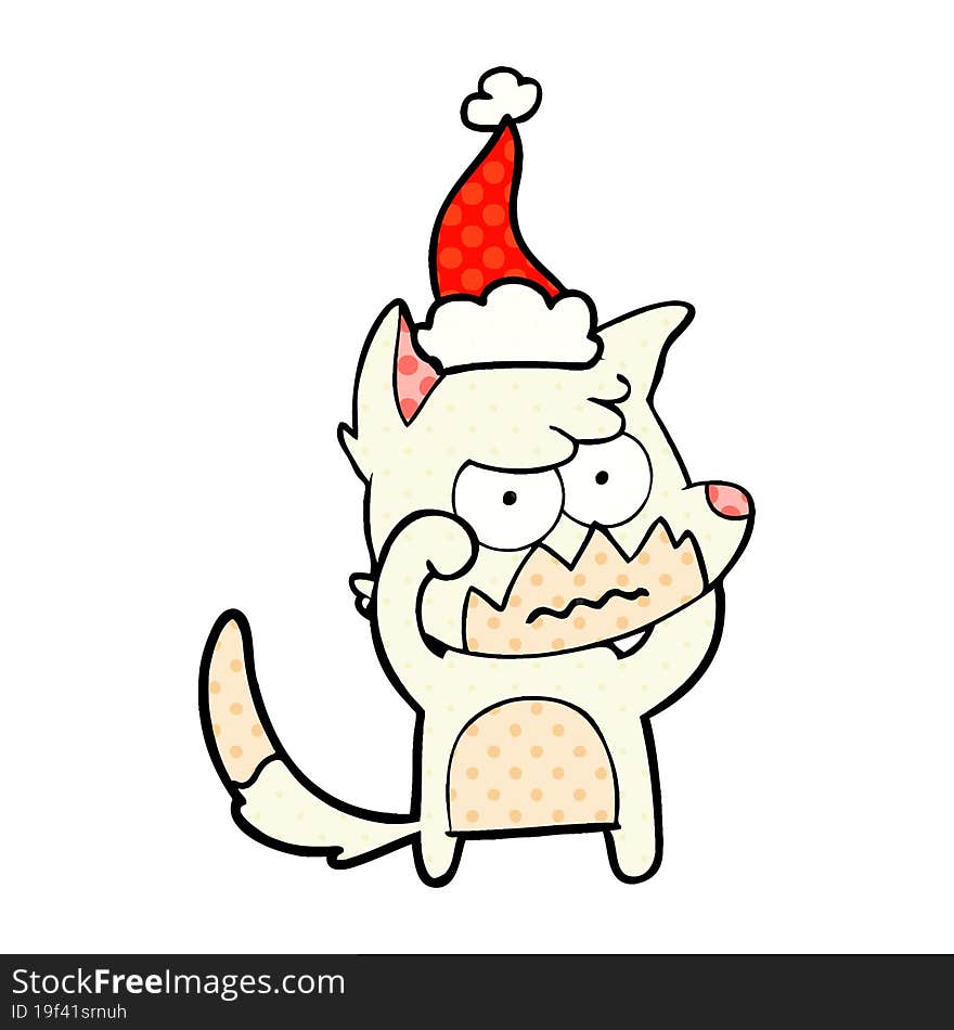 comic book style illustration of a annoyed fox wearing santa hat