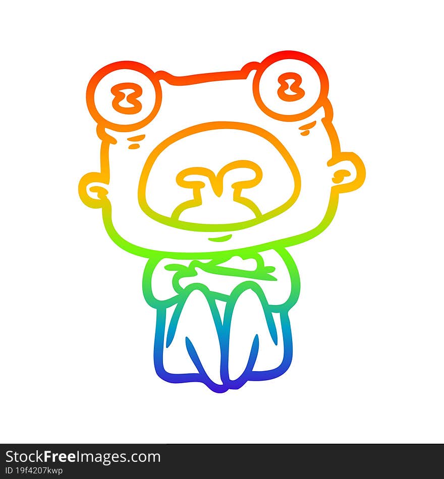 rainbow gradient line drawing of a cartoon weird alien huddled up