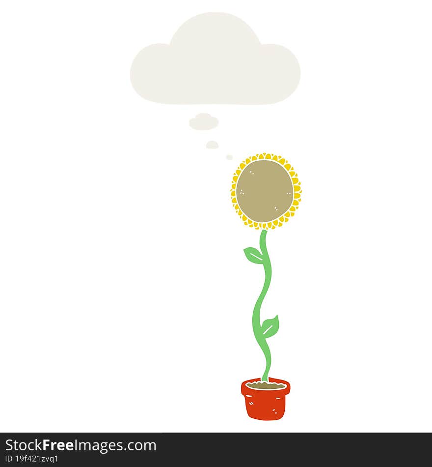 cartoon sunflower and thought bubble in retro style