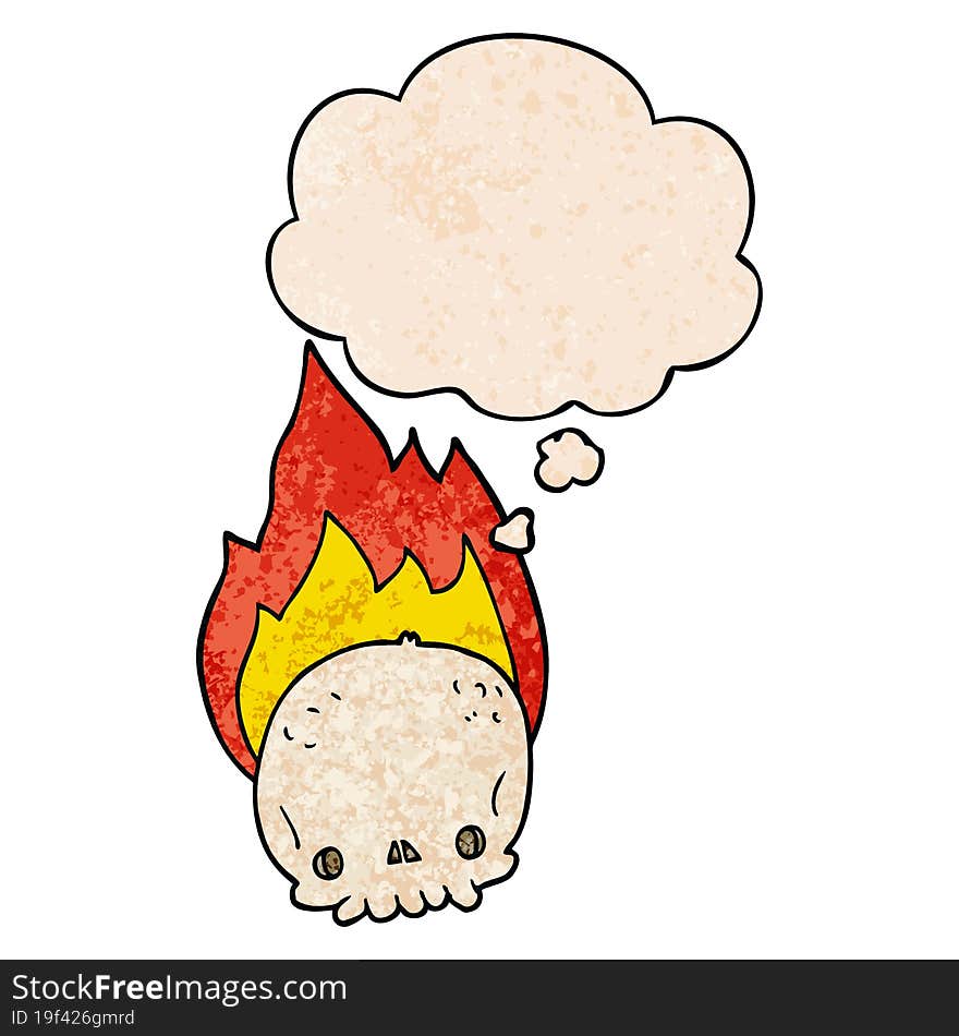 spooky cartoon flaming skull and thought bubble in grunge texture pattern style