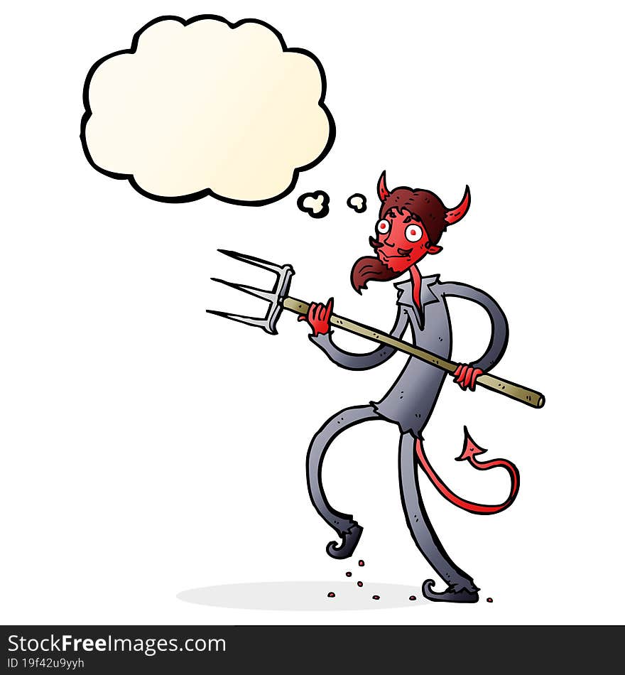 Cartoon Devil With Pitchfork With Thought Bubble