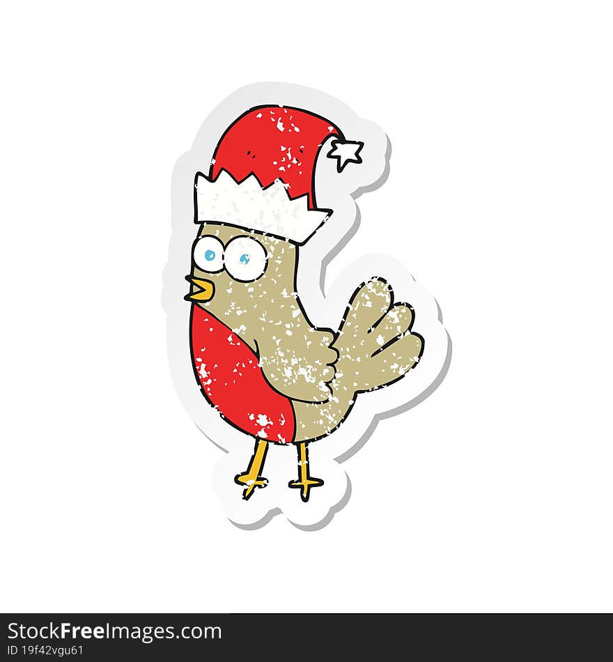 retro distressed sticker of a cartoon robin in christmas hat