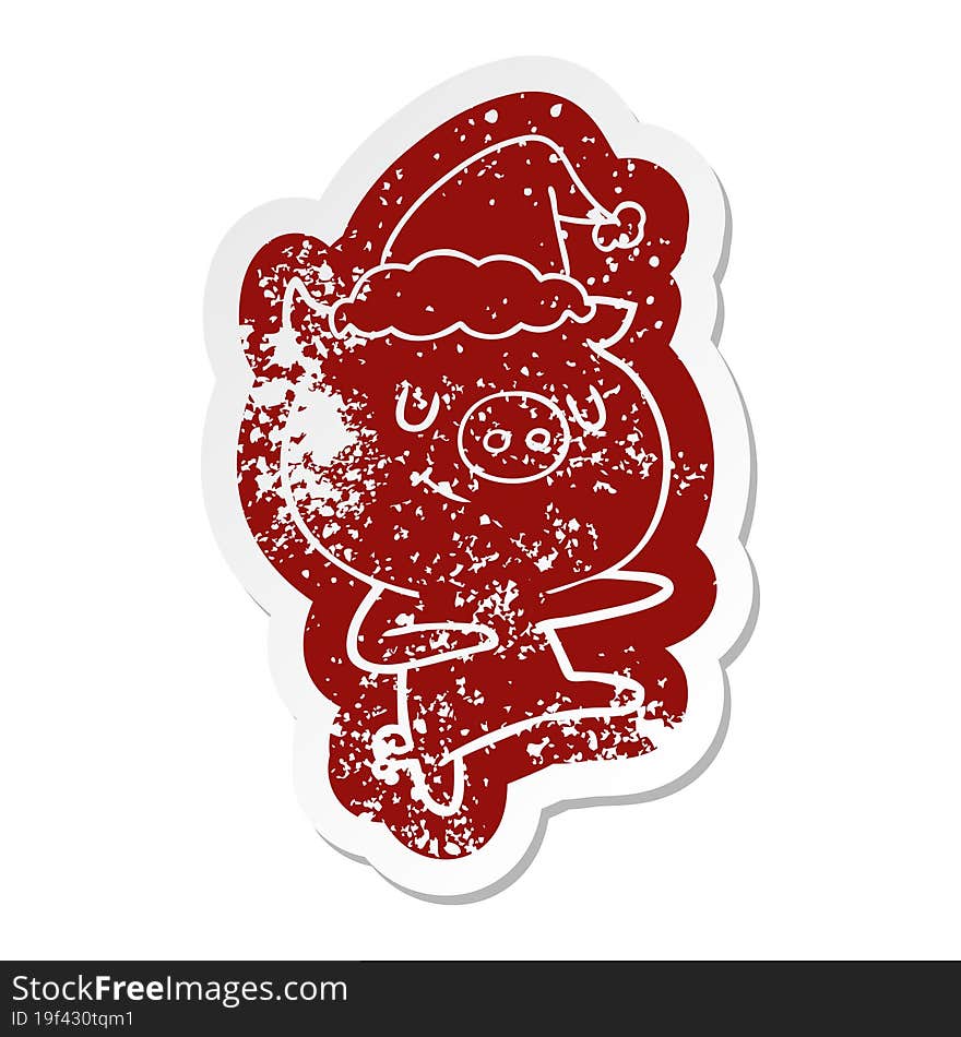 happy quirky cartoon distressed sticker of a pig dancing wearing santa hat