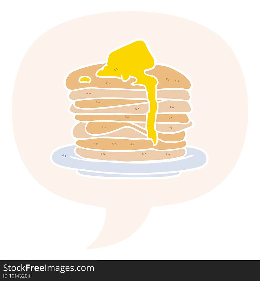 cartoon stack of pancakes and speech bubble in retro style