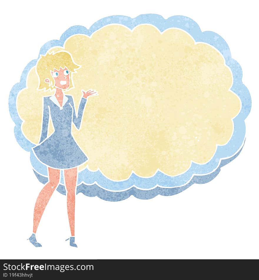 cartoon friendly woman with cloud text space