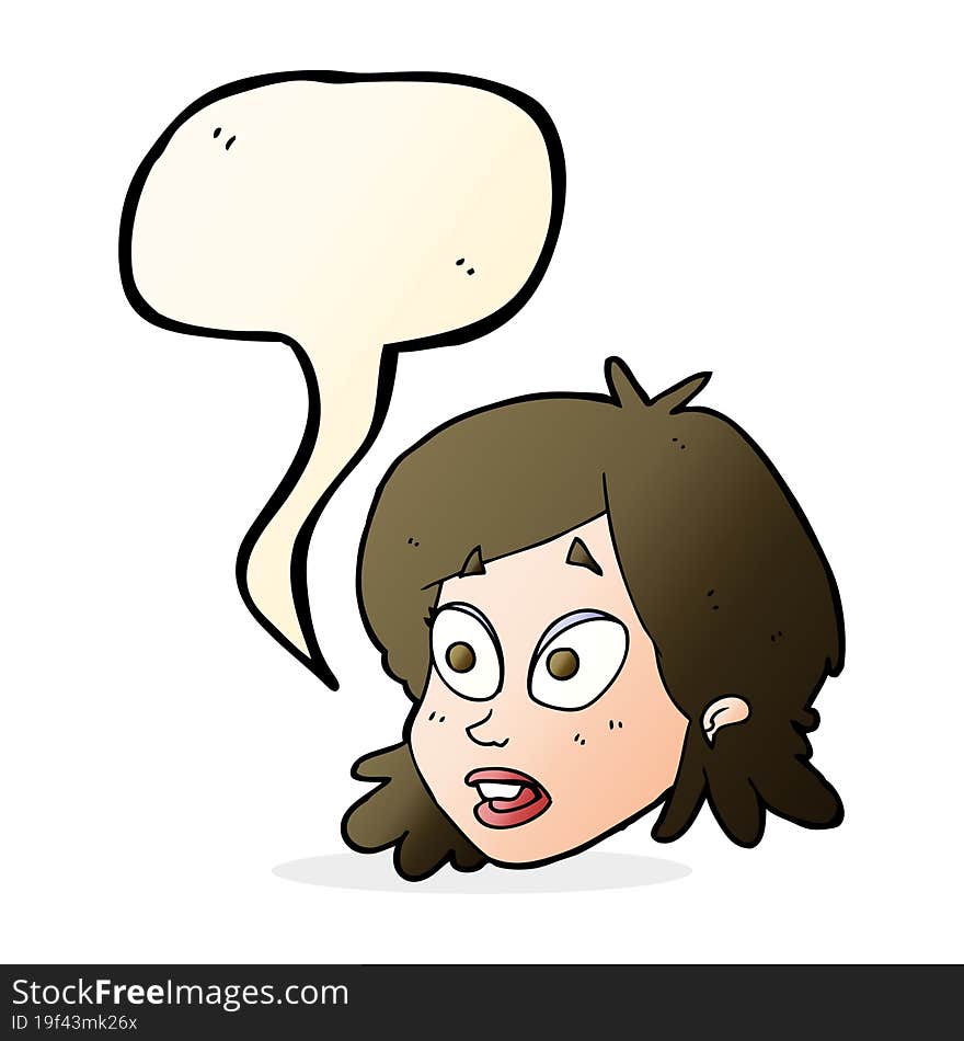 cartoon female face with surprised expression with speech bubble