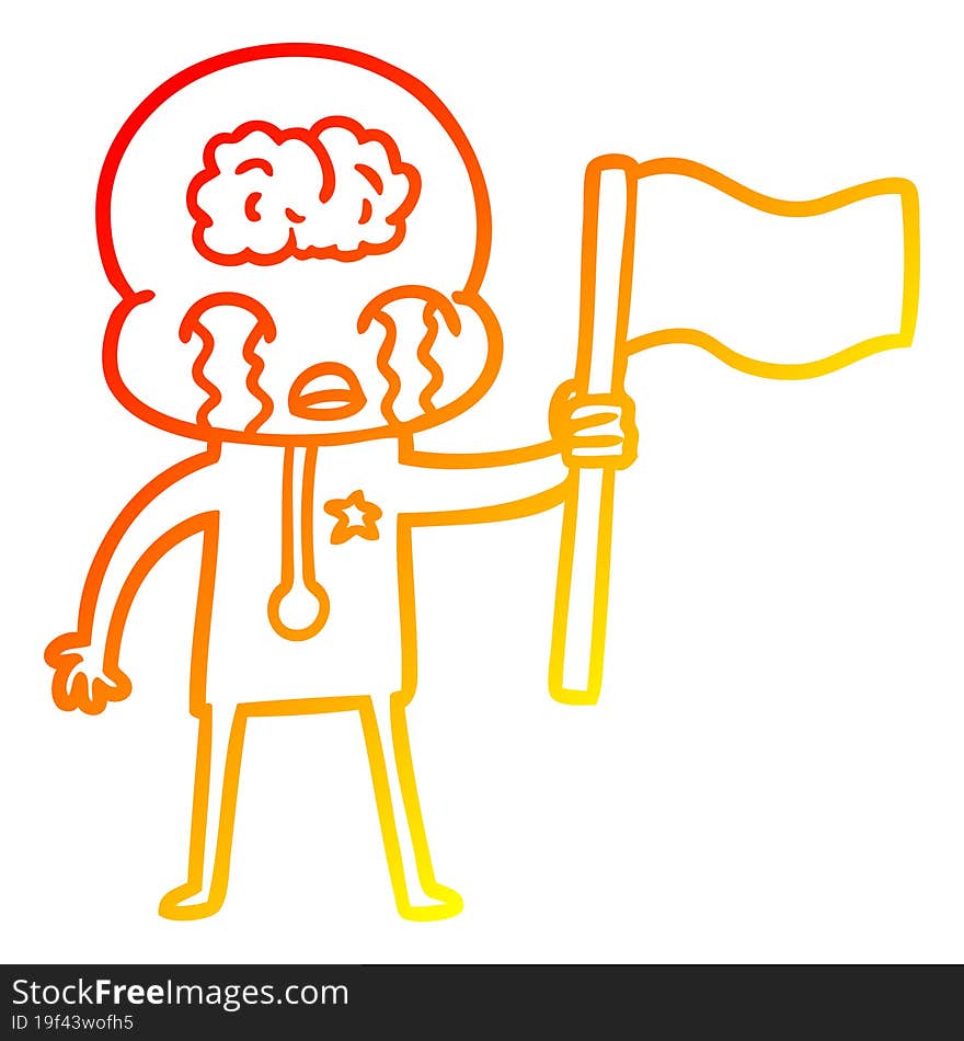 Warm Gradient Line Drawing Cartoon Crying Big Brain Alien Waving A Flag