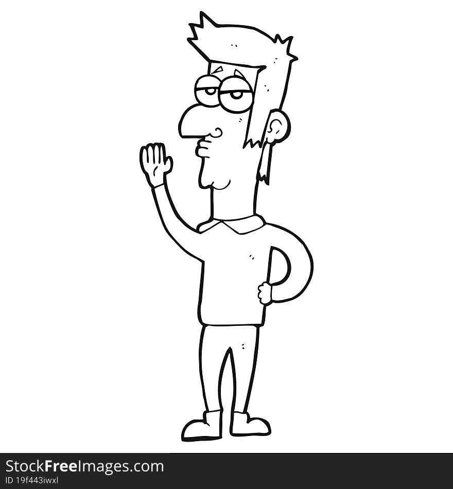 freehand drawn black and white cartoon man waving