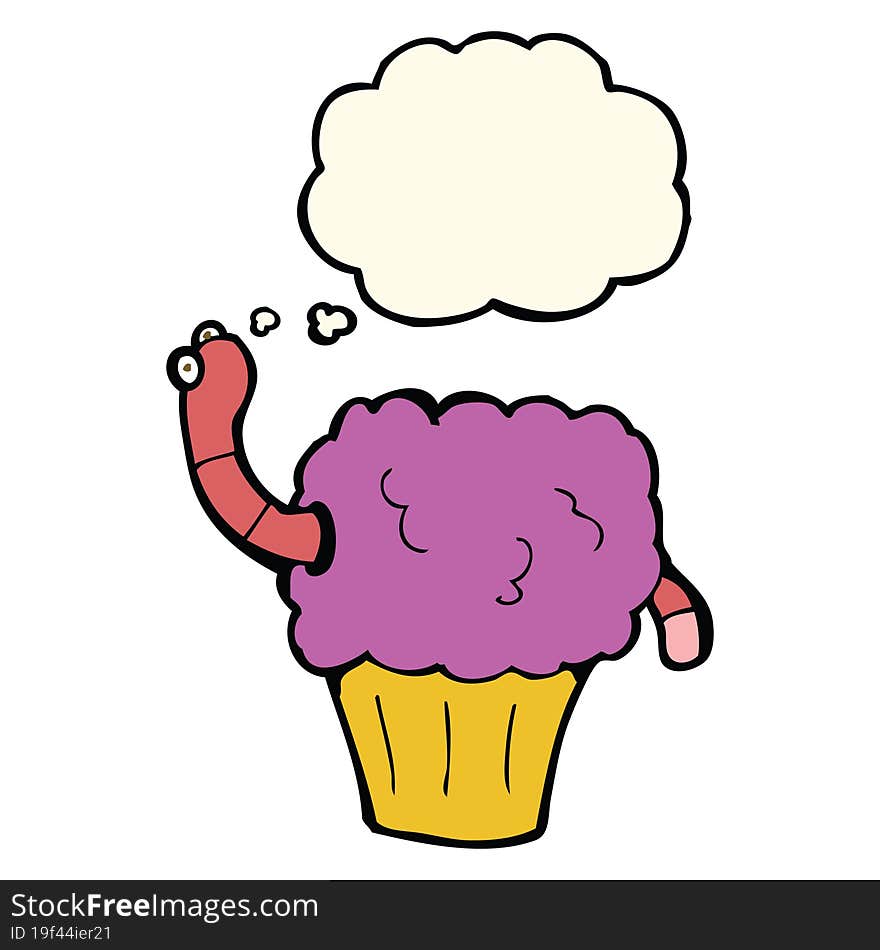 cartoon worm in cupcake with thought bubble