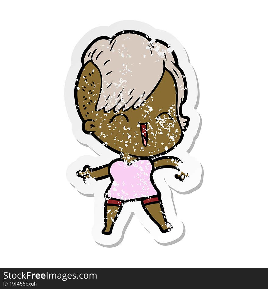 Distressed Sticker Of A Cartoon Happy Hipster Girl