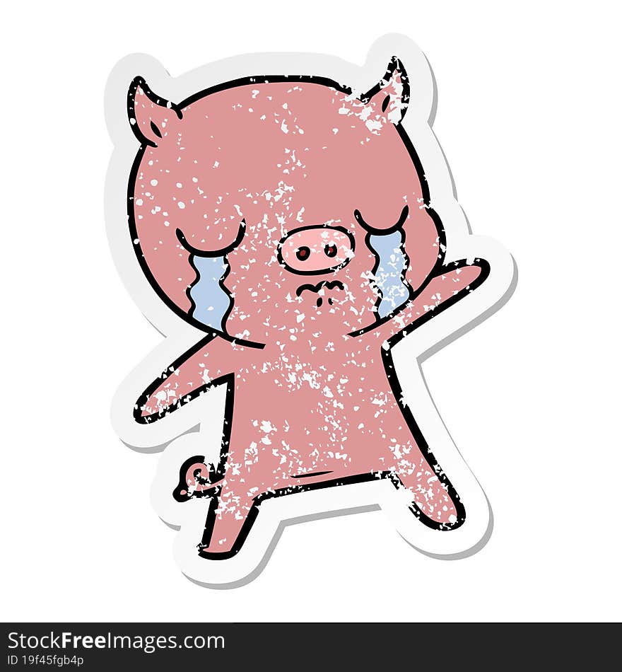 distressed sticker of a cartoon pig crying