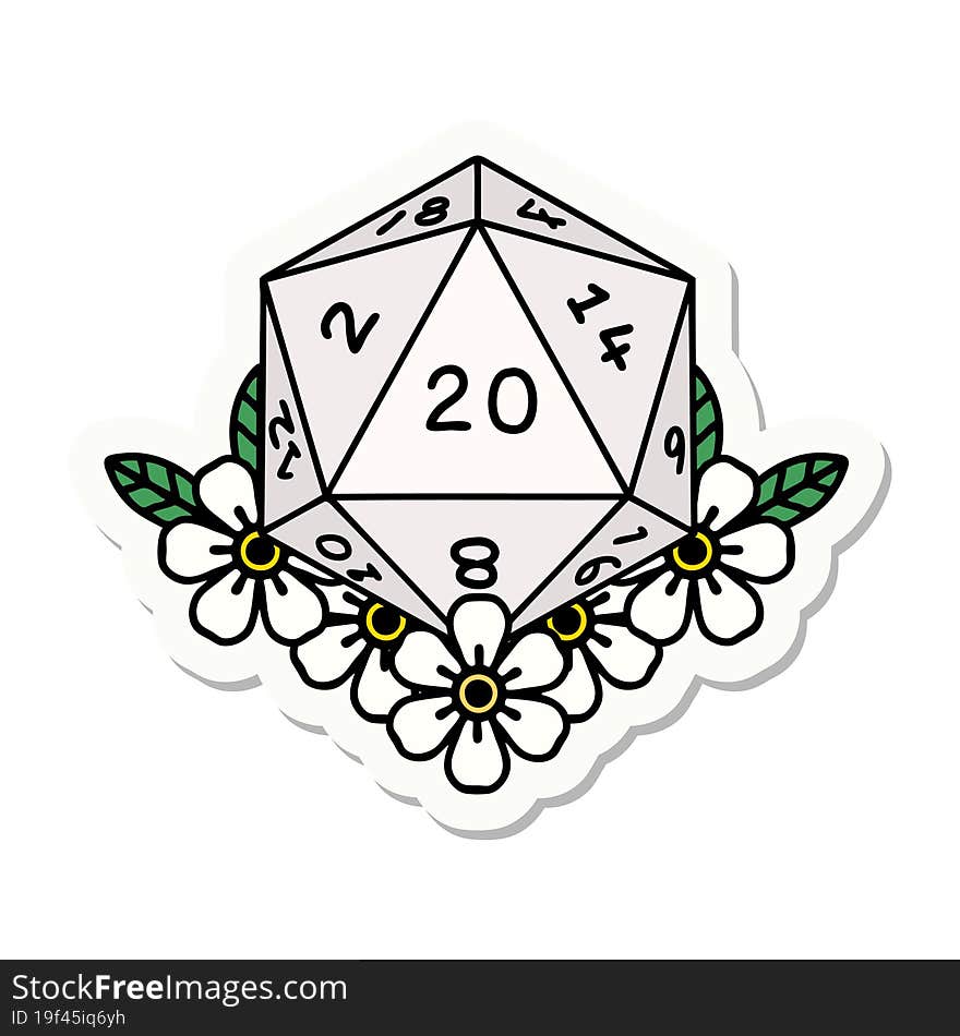 natural 20 D20 dice roll with floral elements sticker