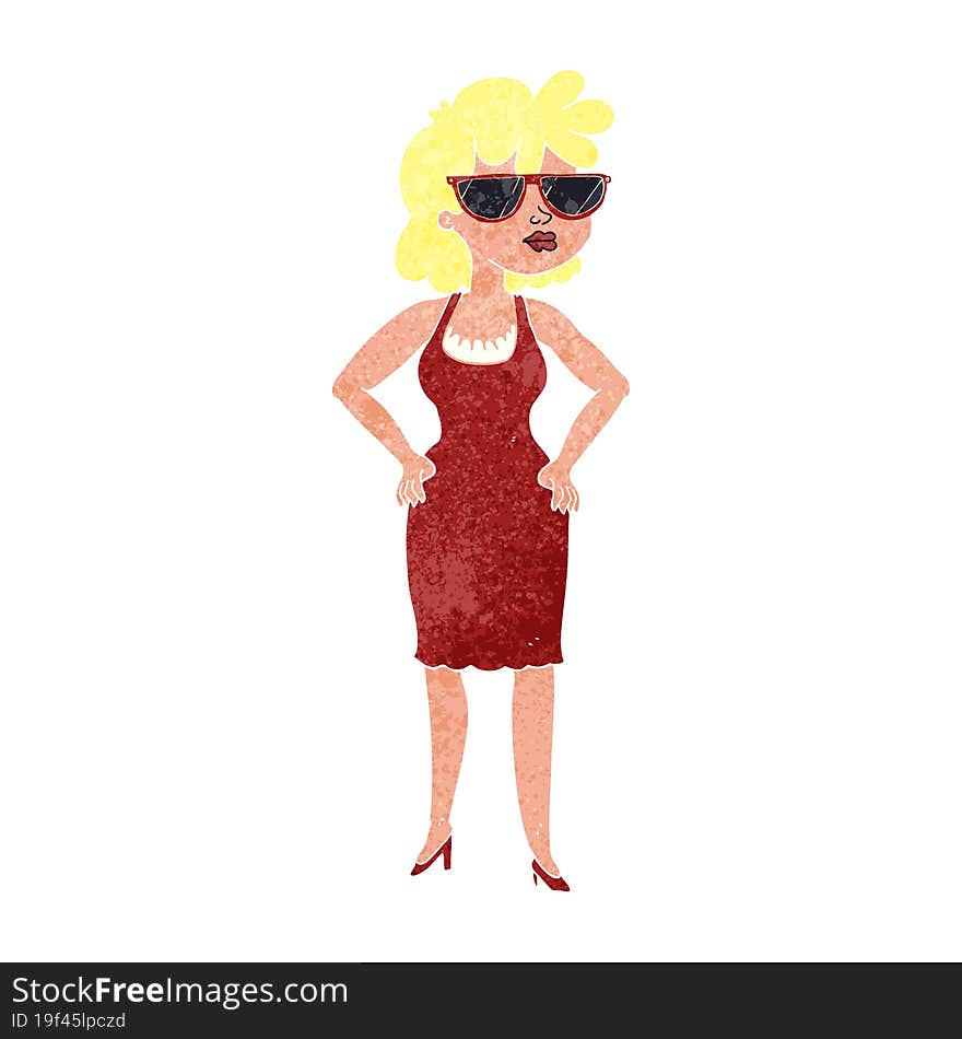 freehand drawn retro cartoon woman wearing sunglasses