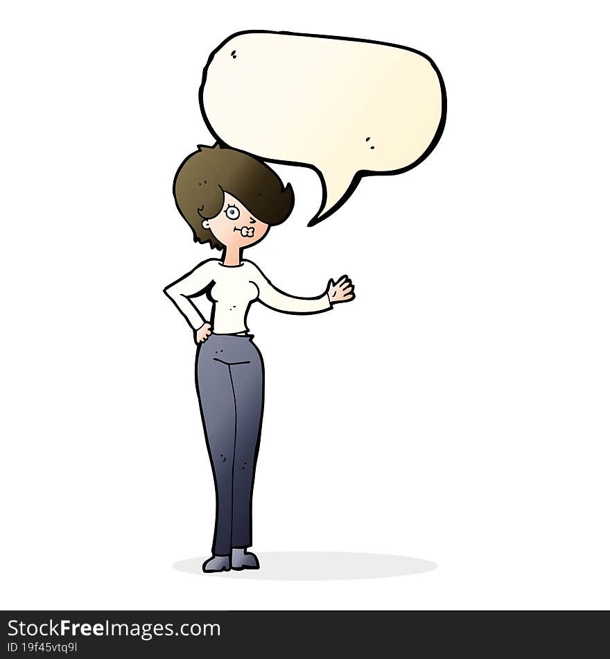 Cartoon Woman Waving With Speech Bubble