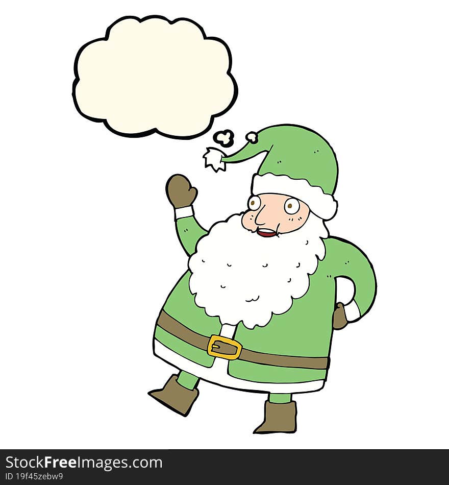 funny waving santa claus cartoon with thought bubble