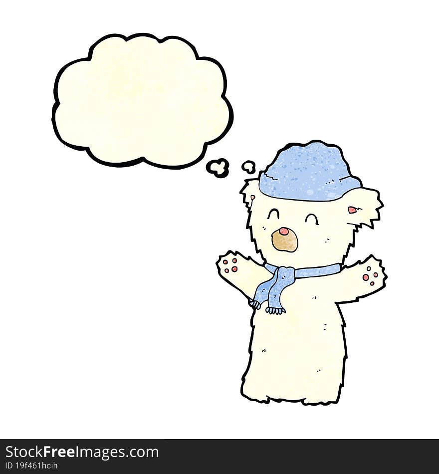 cartoon cute polar bear in hat and scarf with thought bubble