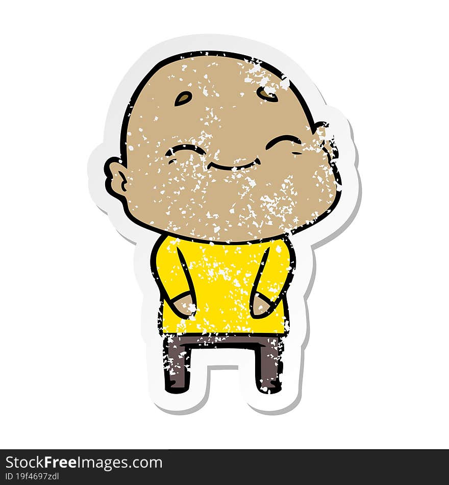 distressed sticker of a happy cartoon bald man