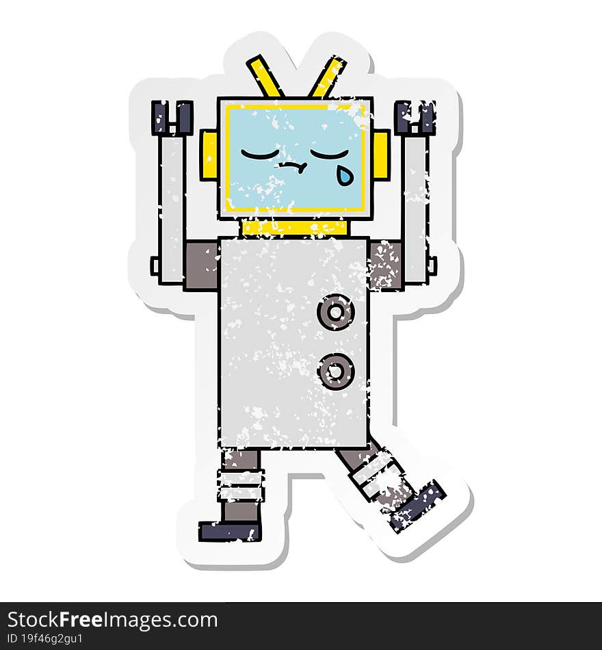 Distressed Sticker Of A Cute Cartoon Crying Robot