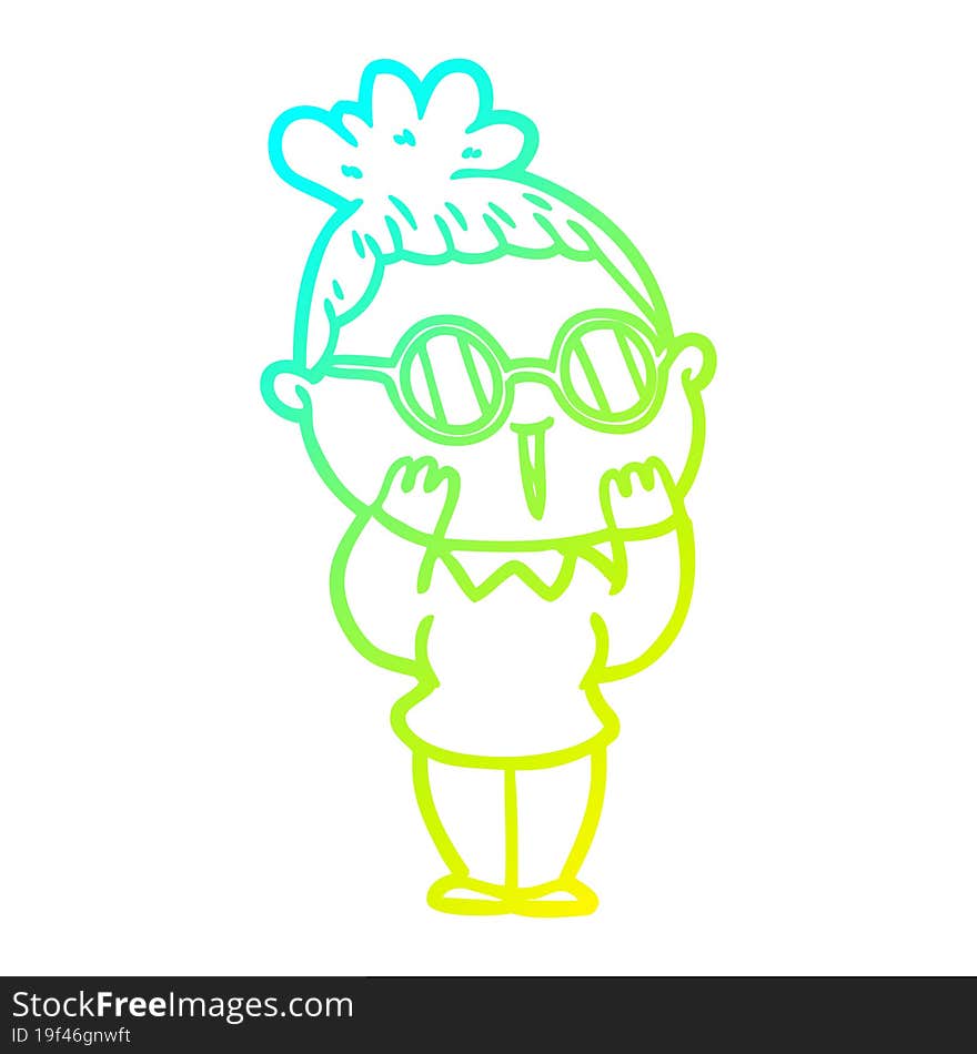 cold gradient line drawing of a cartoon woman wearing spectacles