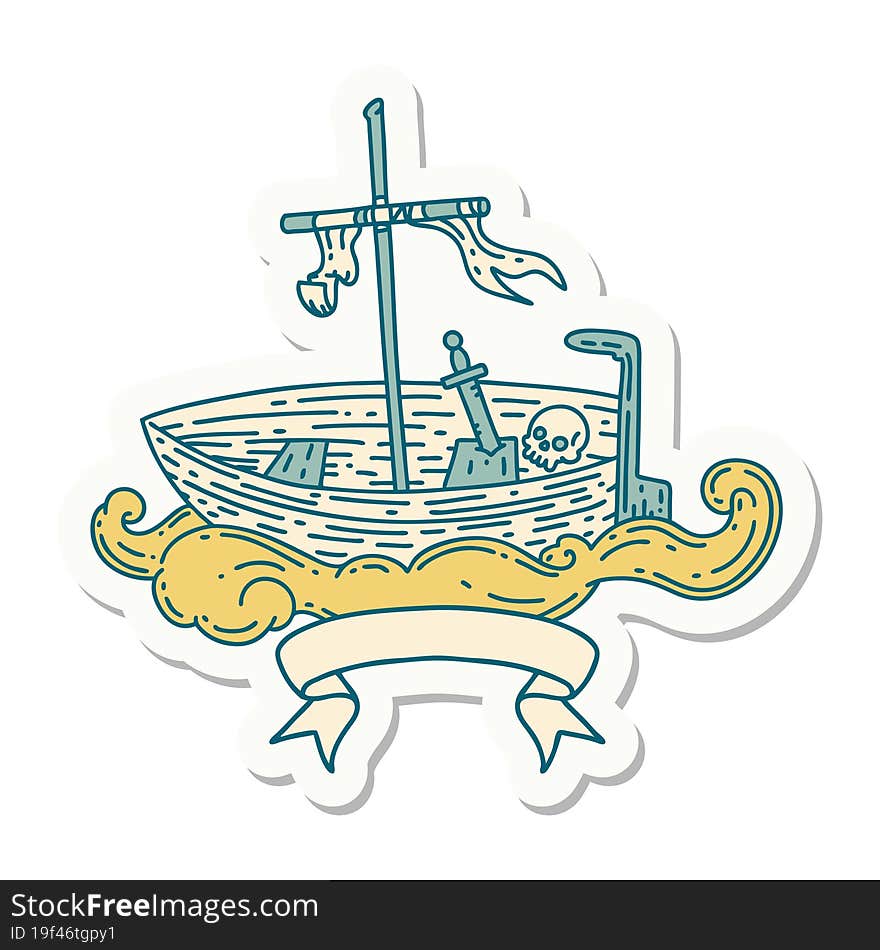 Sticker Of Tattoo Style Empty Boat With Skull