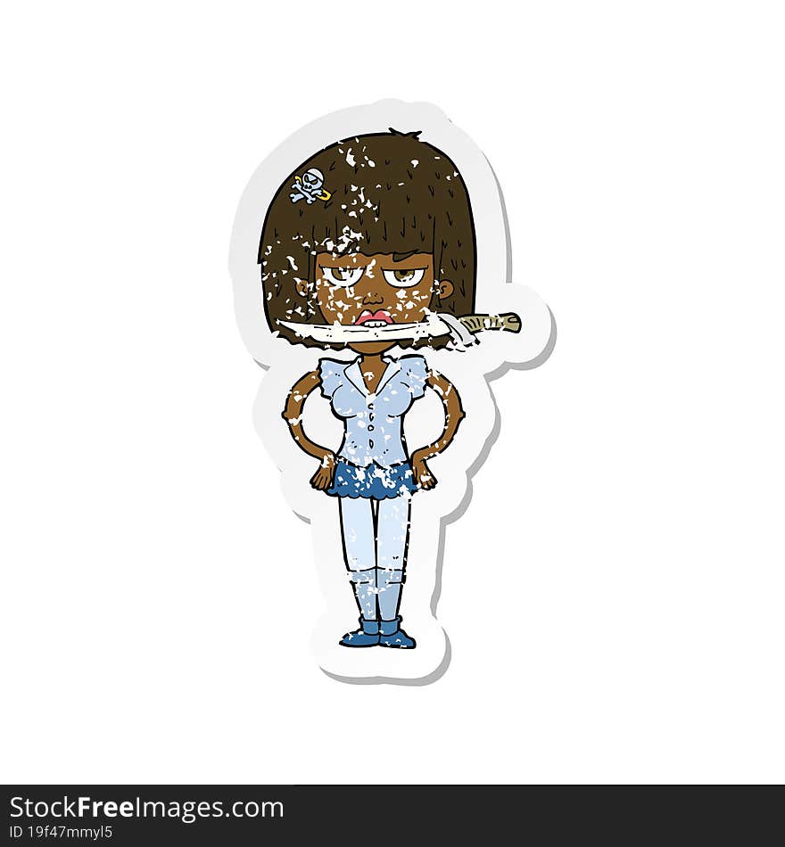 retro distressed sticker of a cartoon woman with knife between teeth