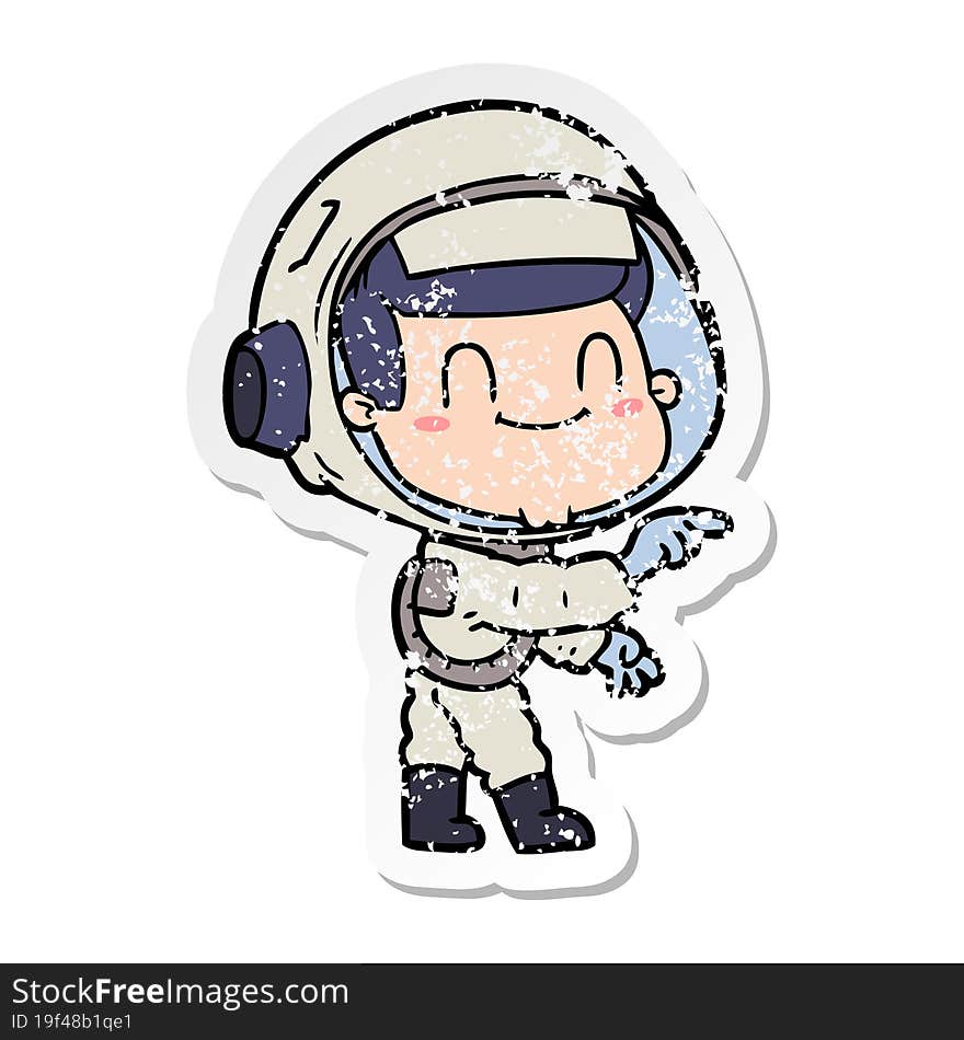 distressed sticker of a happy cartoon astronaut man