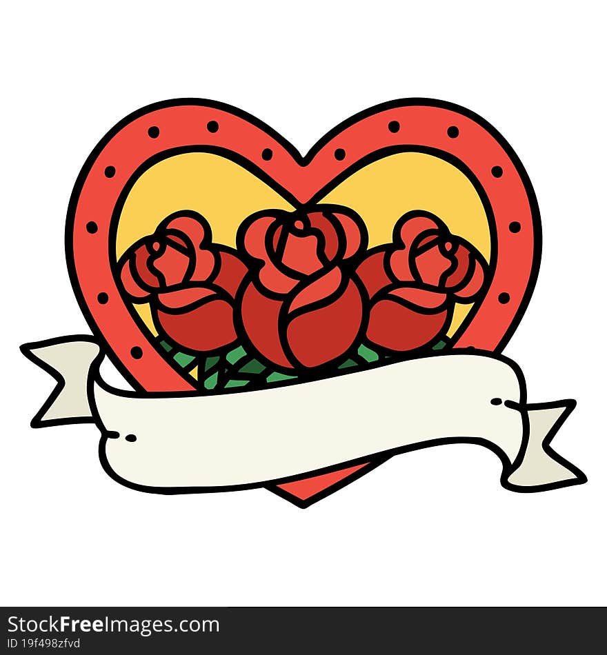 tattoo in traditional style of a heart and banner with flowers. tattoo in traditional style of a heart and banner with flowers