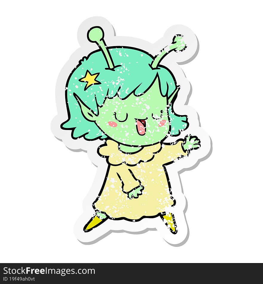 distressed sticker of a happy alien girl cartoon