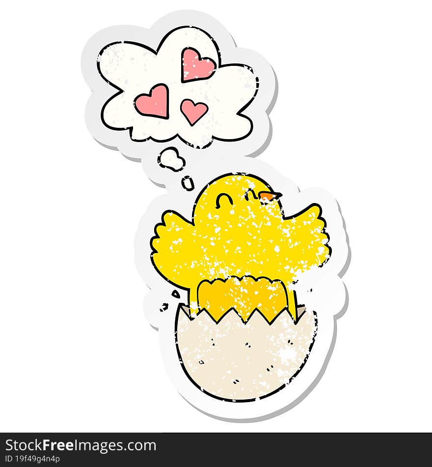 cute hatching chick cartoon with thought bubble as a distressed worn sticker