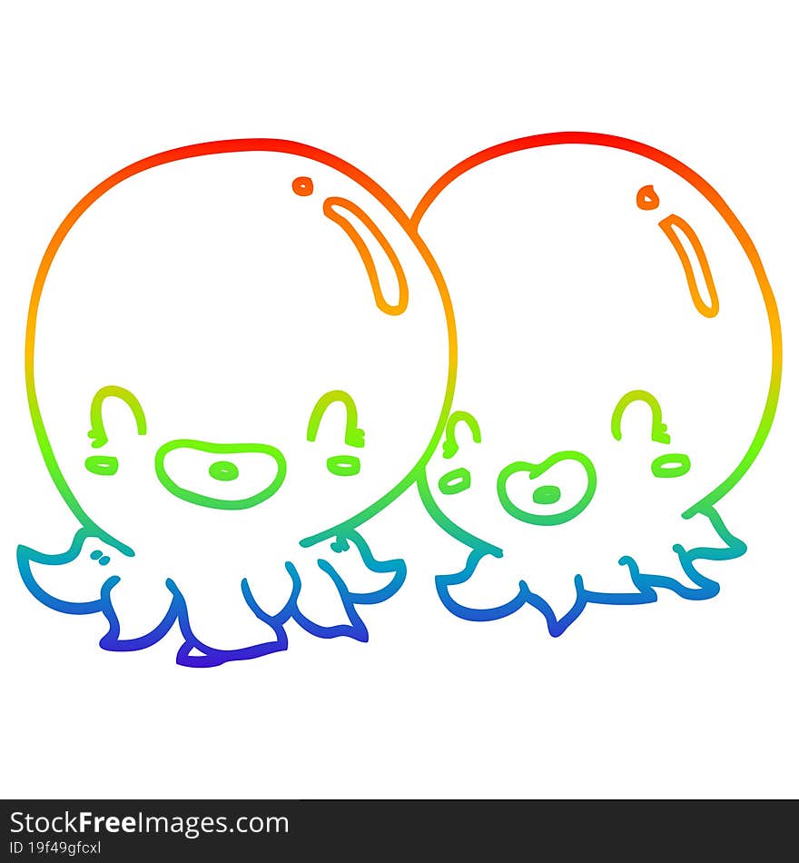 Rainbow Gradient Line Drawing Two Cartoon Octopi