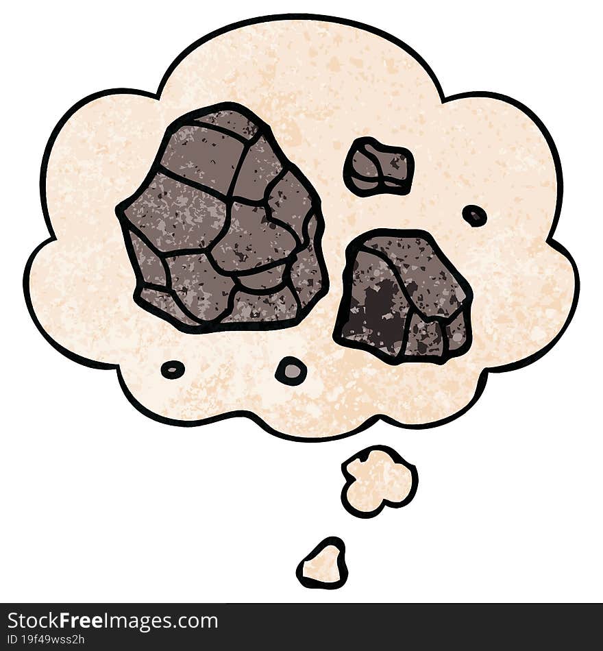 cartoon rocks and thought bubble in grunge texture pattern style