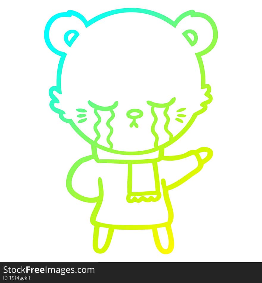 cold gradient line drawing crying cartoon bear wearing winter clothes