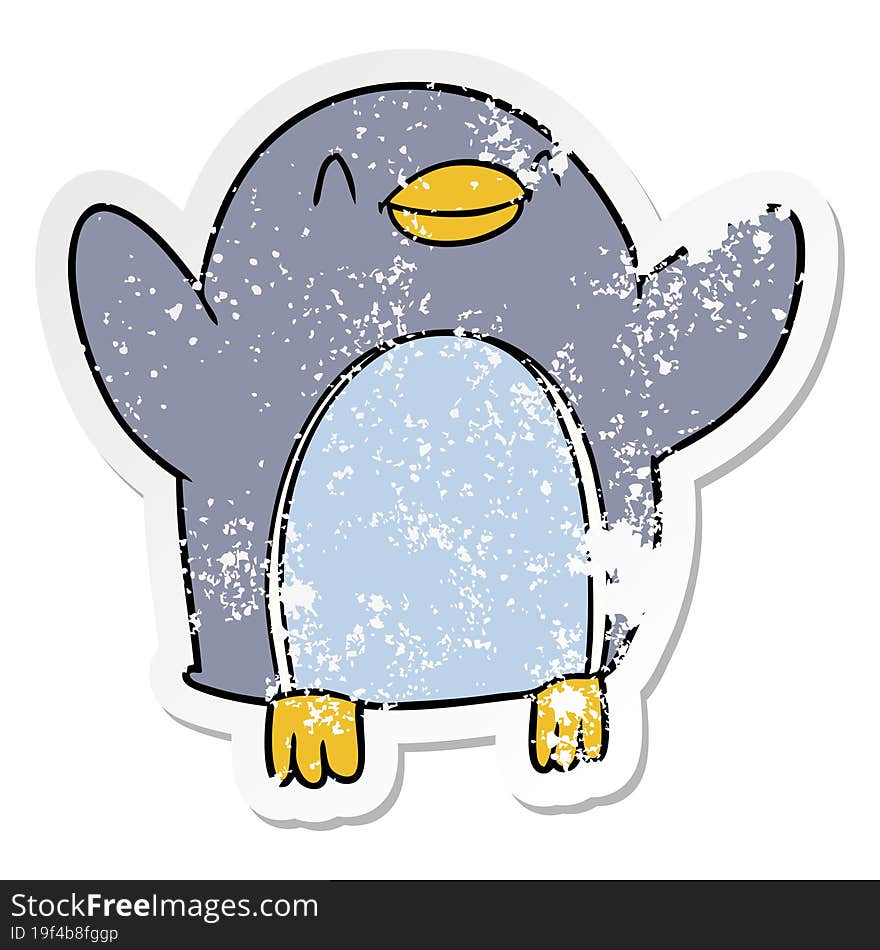 distressed sticker of a cartoon penguin jumping for joy