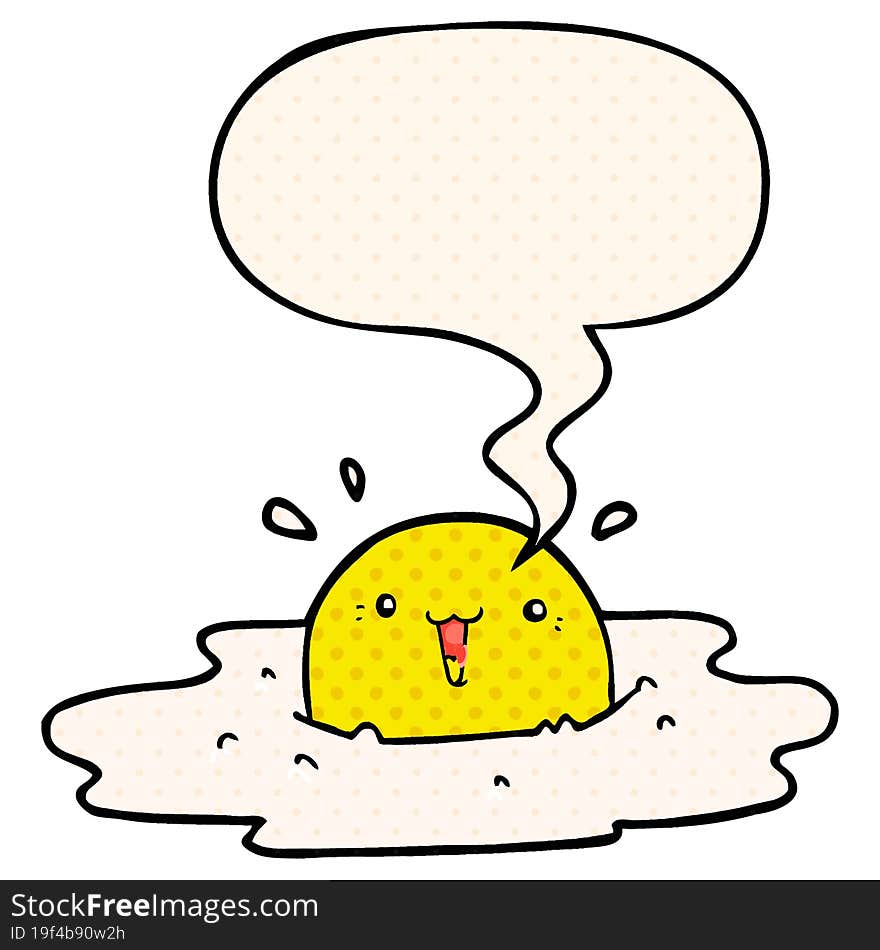 cute cartoon fried egg and speech bubble in comic book style