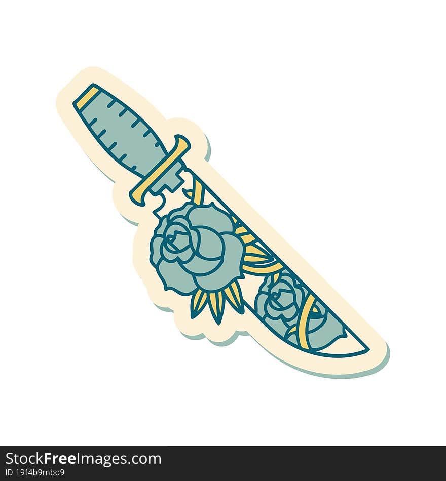 sticker of tattoo in traditional style of a dagger and flowers. sticker of tattoo in traditional style of a dagger and flowers