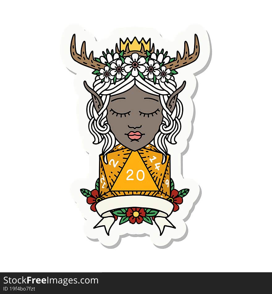 elf druid character with natural 20 dice roll sticker