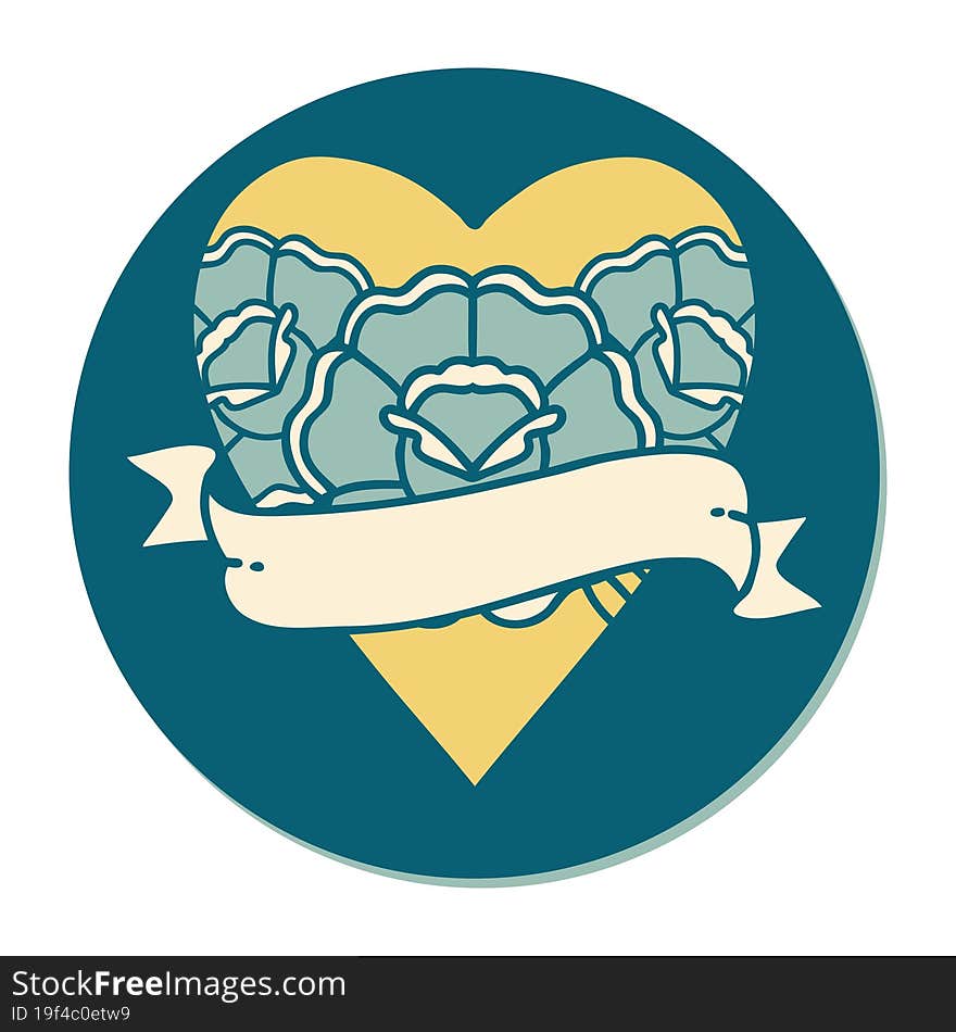 sticker of tattoo in traditional style of a heart and banner with flowers. sticker of tattoo in traditional style of a heart and banner with flowers