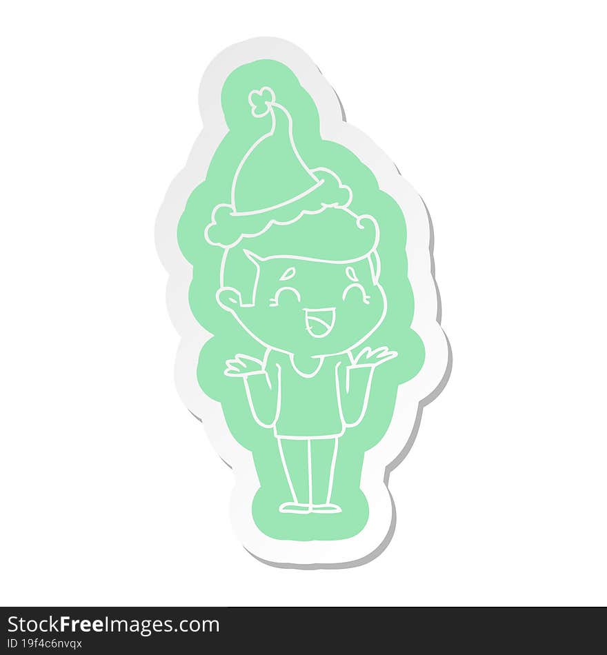 quirky cartoon  sticker of a laughing confused man wearing santa hat