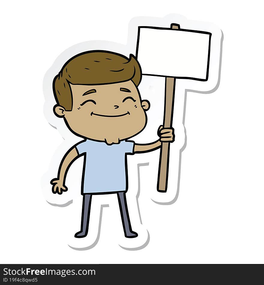 sticker of a happy cartoon man with placard