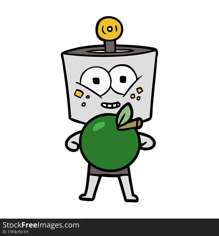 happy cartoon robot with apple. happy cartoon robot with apple