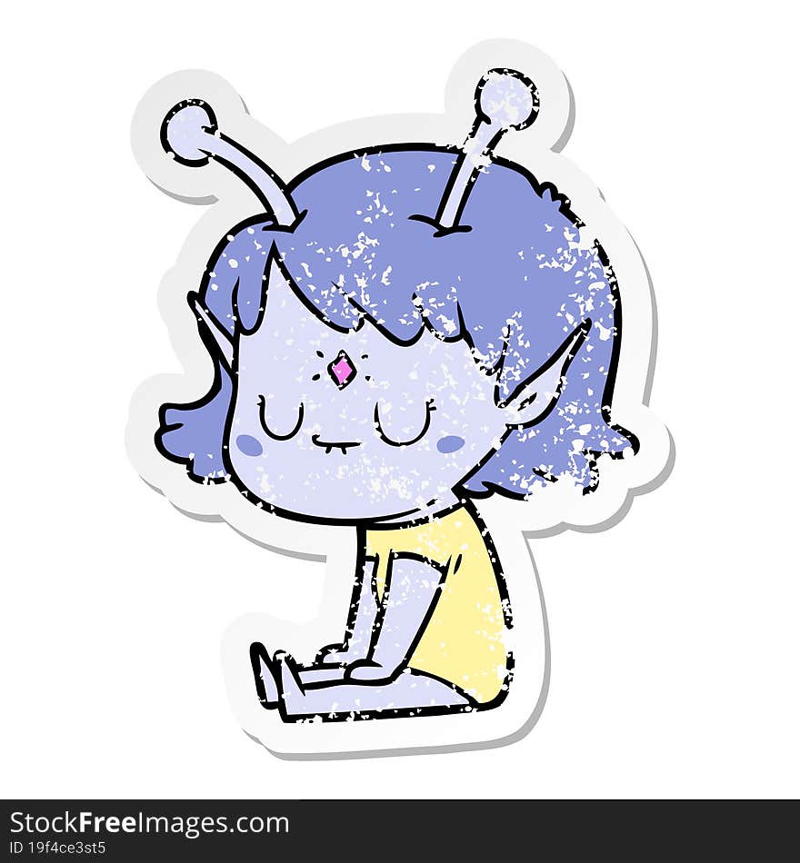 distressed sticker of a cartoon alien girl sitting