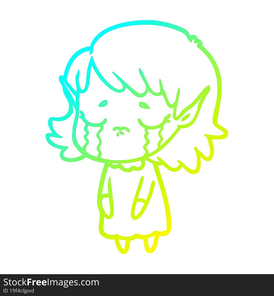 Cold Gradient Line Drawing Crying Cartoon Elf Girl