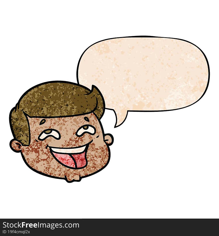 happy cartoon male face and speech bubble in retro texture style