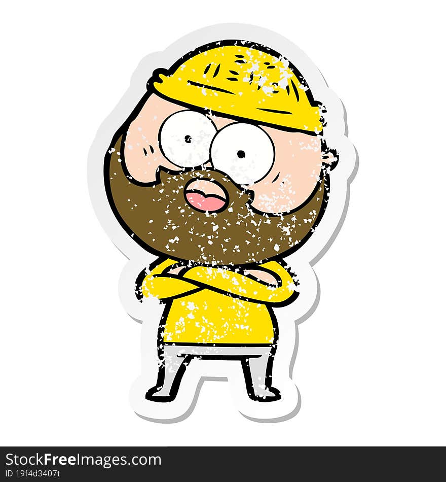 distressed sticker of a cartoon surprised bearded man