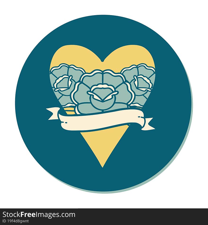 Tattoo Style Sticker Of A Heart And Banner With Flowers