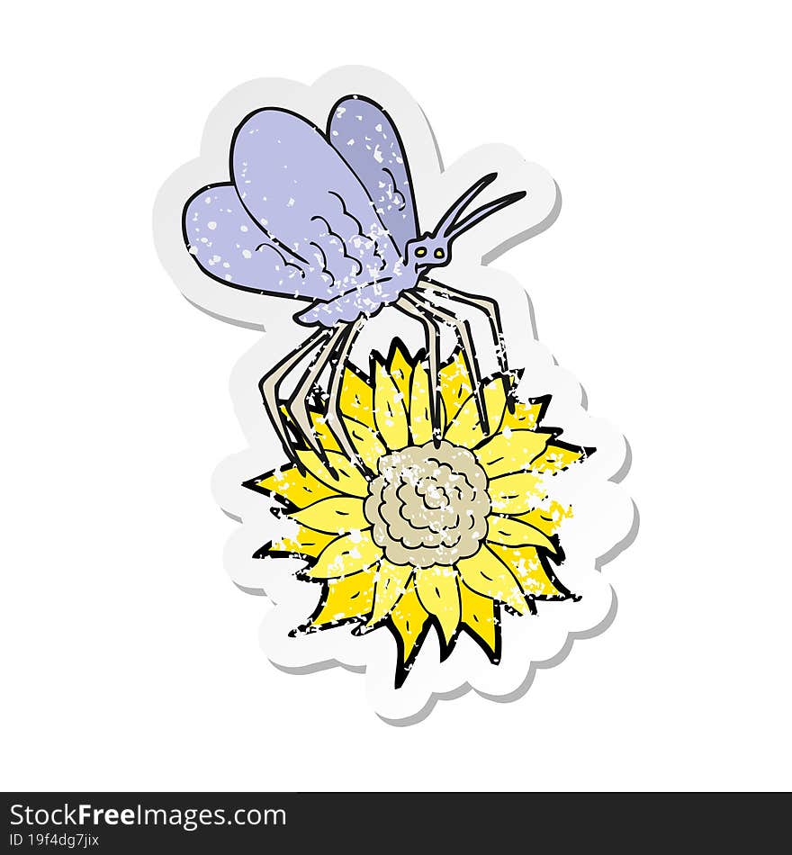 retro distressed sticker of a cartoon butterfly on flower