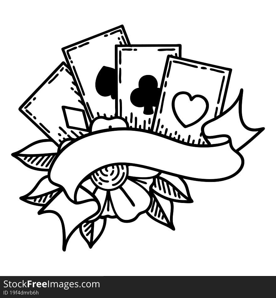 tattoo in black line style of cards and banner. tattoo in black line style of cards and banner